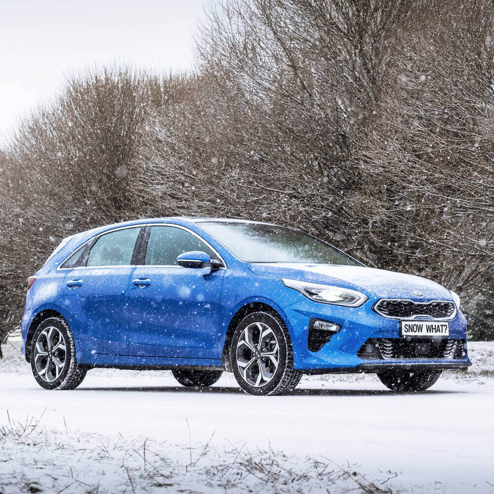 Blue car in the snow, with a license plate reading, "Snow What?"