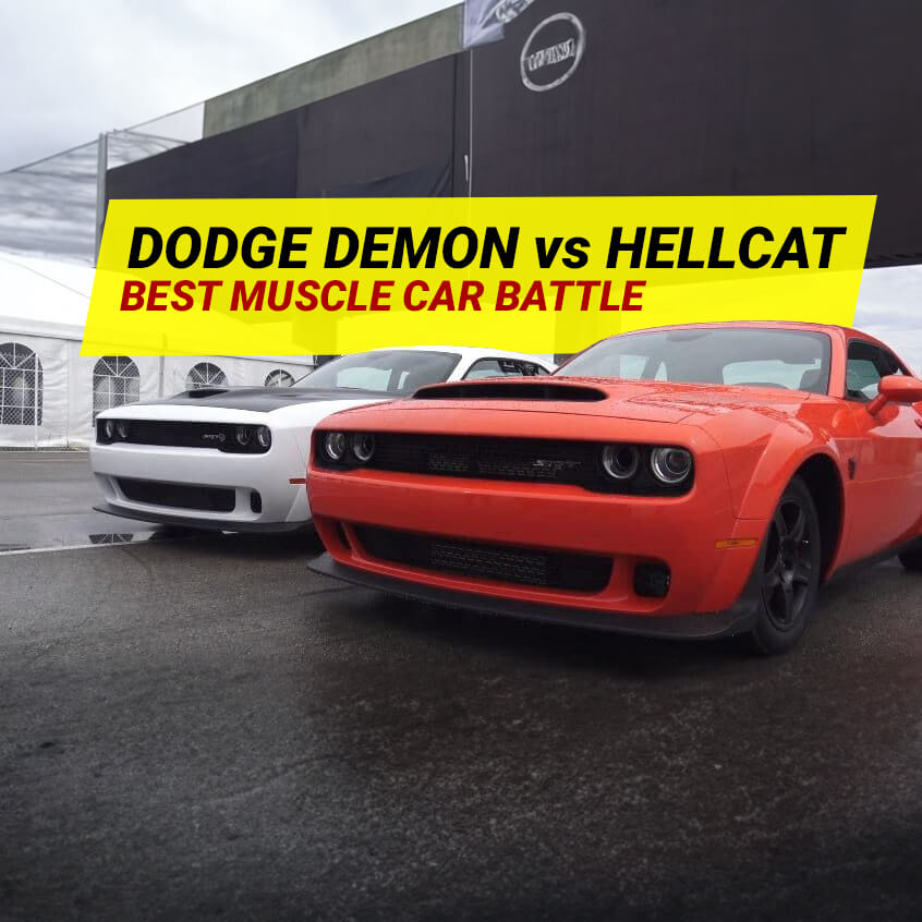 A Dodge Challenger Demon and Hellcat parked side by side.