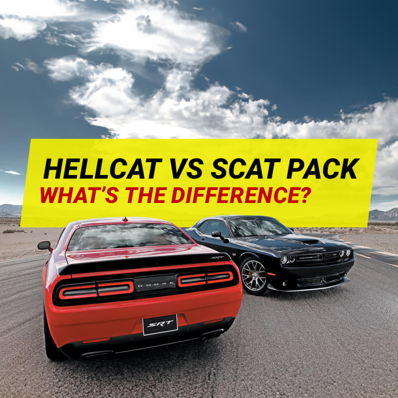 Dodge Challenger hellcat vs scat pack on road.