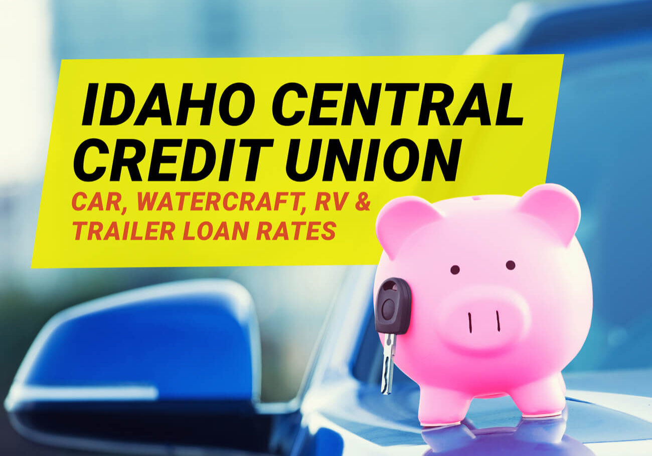 Piggy Bank sitting on the car, with the text - Idaho Central Credit Union (ICCU) Car & Vehicle Loan Rates